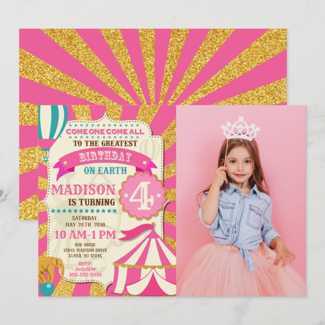 Circus Birthday Invitation Carnival Pink Gold  Inbjudningar (Fram/baksida)