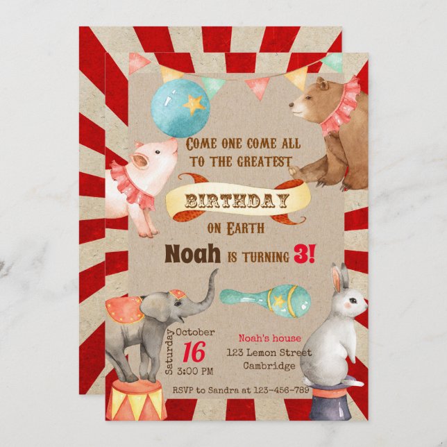 Circus Birthday Invitation, Circus Invitation Inbjudningar (Fram/baksida)
