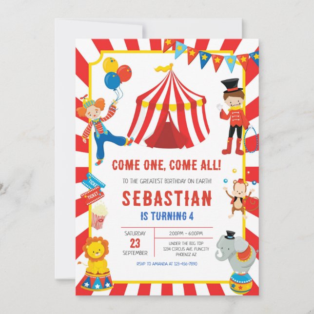 Circus Carnival Birthday Invitation Inbjudningar (Framsida)