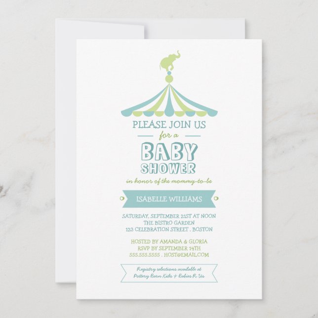 Circus Carnival Blue Grönt Baby Shower-inbjudan Inbjudningar (Framsida)