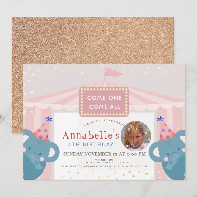 Circus Carnival Elephant Rosa Girl Photo Birthday Inbjudningar (Fram/baksida)