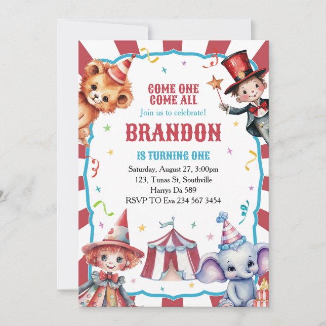 Circus Carnival-festival 1:a födelsedagsinbjudan Inbjudningar (Framsida)