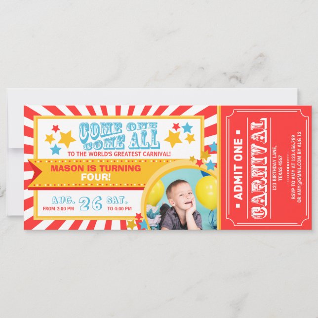 Circus carnival-födelsedagsinbjudan biljett Boy Inbjudningar (Framsida)