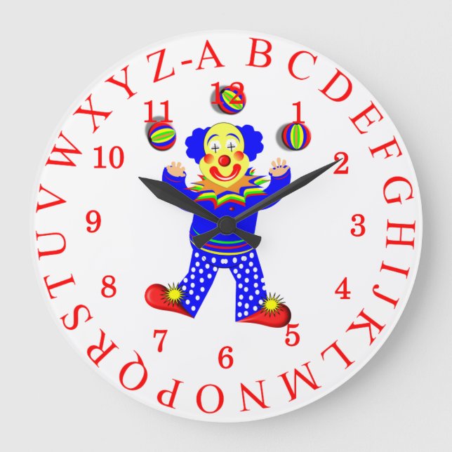 Circus Clown Cute Roligt Alphabet Kids Stor Klocka (Framsida)