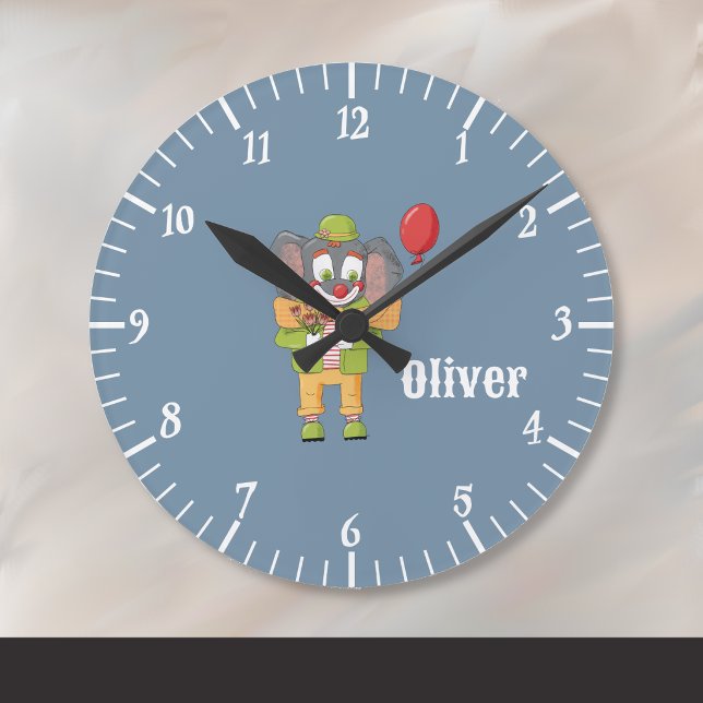 Circus Clown Elephant Blue Kid Wall Clock Rund Klocka (Circus clown elephant nursery room blue wall clock with name . )