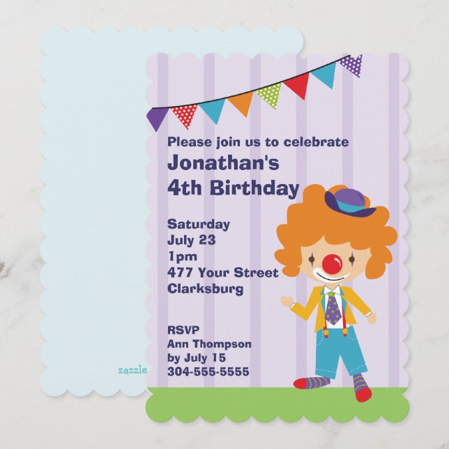 Circus Clown Födelsedagsfest Inbjudningar (Fram/baksida)