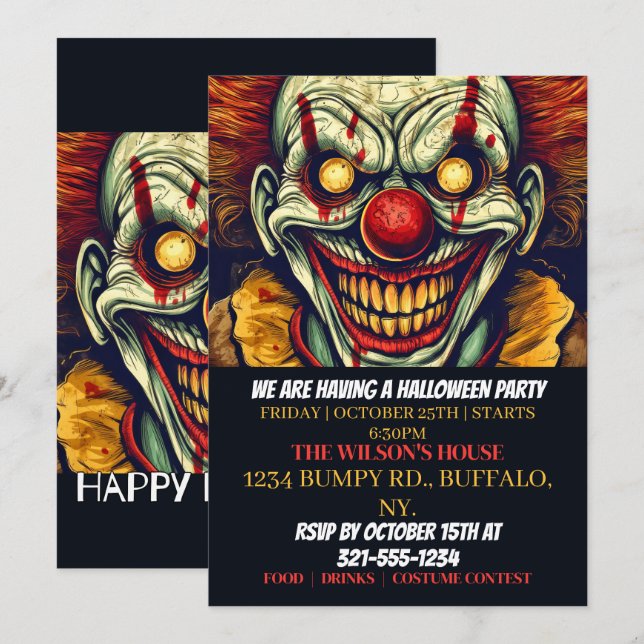 Circus Clown Happy halloween Party-inbjudningar Inbjudningar (Fram/baksida)