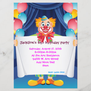 Circus Clown Kids Party bjudan 6,5 x 8,75 tum Inbjudningar