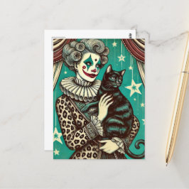 Circus Clown Woman och en svart katt Vykort