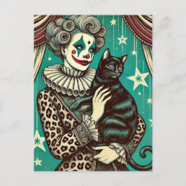 Circus Clown Woman och en svart katt Vykort
