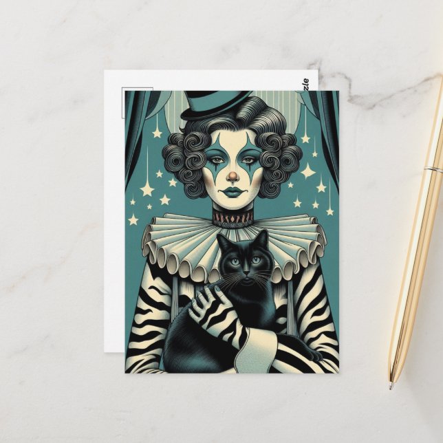 Circus Clown Woman och en svart katt Vykort (Fram/Back In Situ)