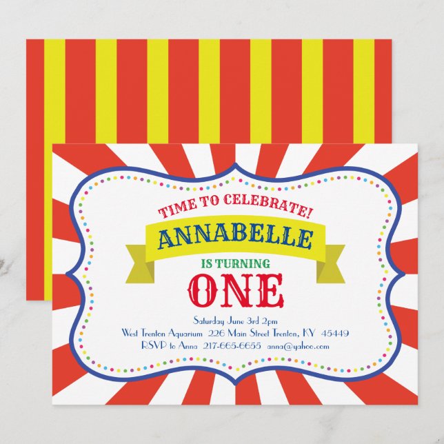 Circus Cute 1:a födelsedagsinbjudan Inbjudningar (Fram/baksida)