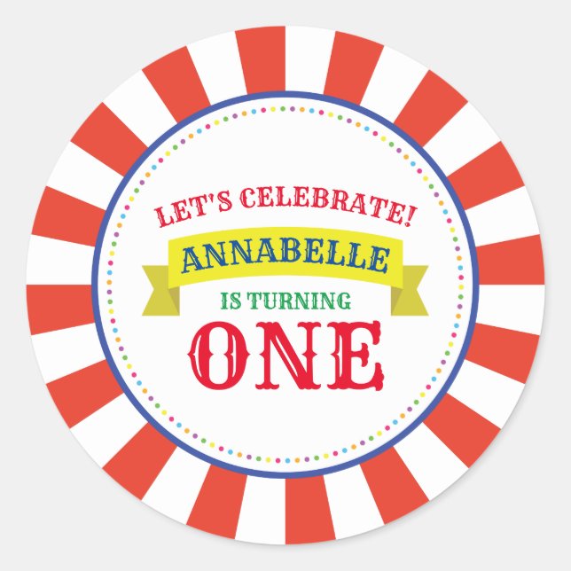 Circus Cute Colorful 1st Birthday Party Theme Runt Klistermärke (Framsida)