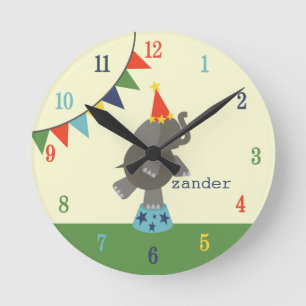 Circus Elephant & Flaggor Clock (blått/Orange) Rund Klocka