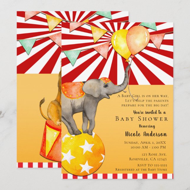 Circus Elephant på Boll Carnival Baby Shower Party Inbjudningar (Fram/baksida)