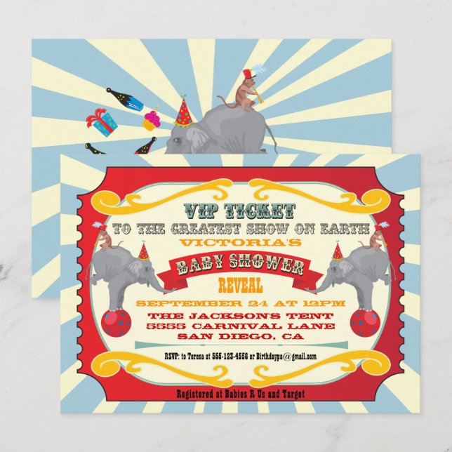 Circus eller Carnival Biljett Baby Shower Reveal Inbjudningar (Fram/baksida)