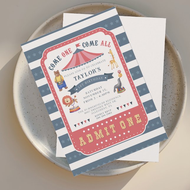 Circus Festival Karnival 1:a födeldagen Party Inbjudningar (1st Birthday Circus Carnival Party Invitation)