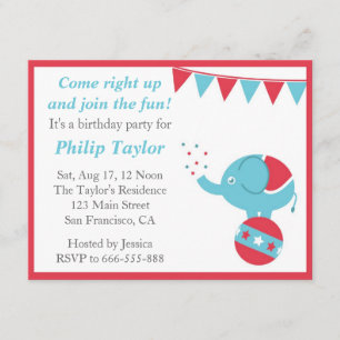 Circus-Födelsedagsfest med Cute Elephant Inbjudningar