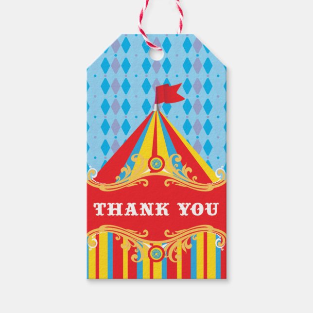Circus-födelsedagsfesten gynnar märkre av gåvor, t presentetikett (Framsidan)