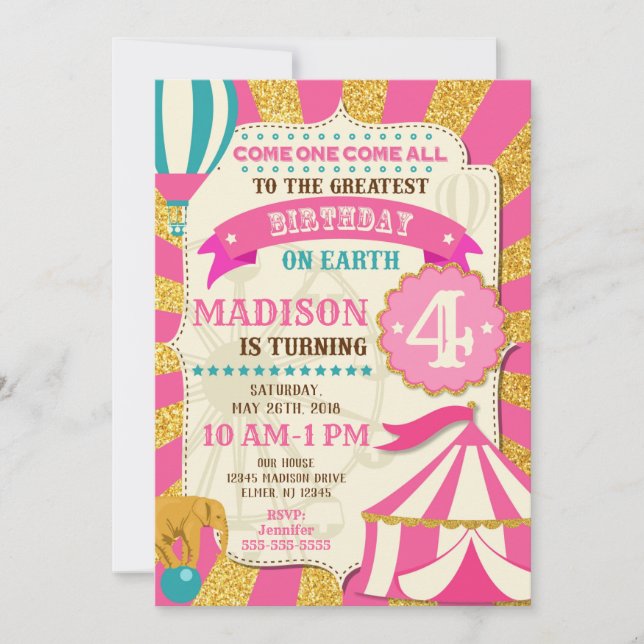 Circus födelsedagsinbjudan Karnival Rosa Guld Inbjudningar (Framsida)