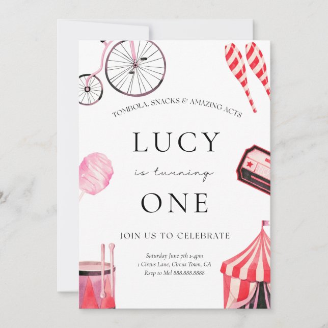 Circus-födelsedagsinbjudan till flicka inbjudningar (Framsida)