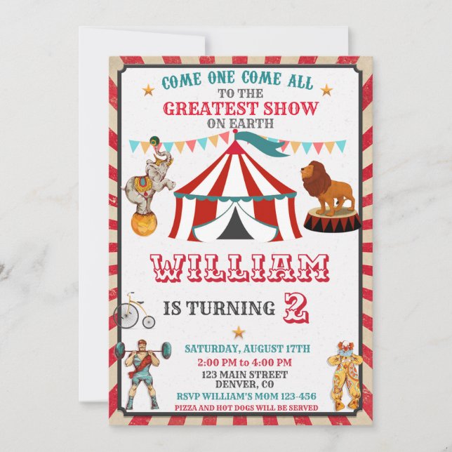 Circus-födelsedagsinbjudan Vintage Circus-pojkflic Inbjudningar (Framsida)