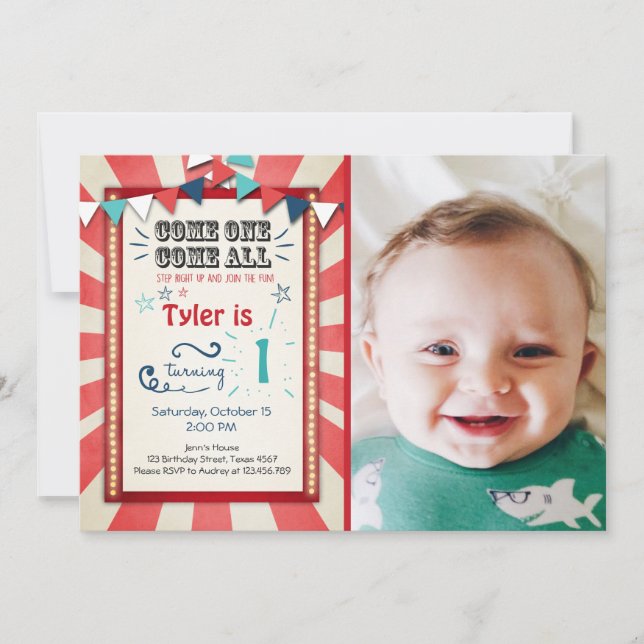 Circus-karnival-födelsedagsinbjudan Big Top Inbjudningar (Framsida)