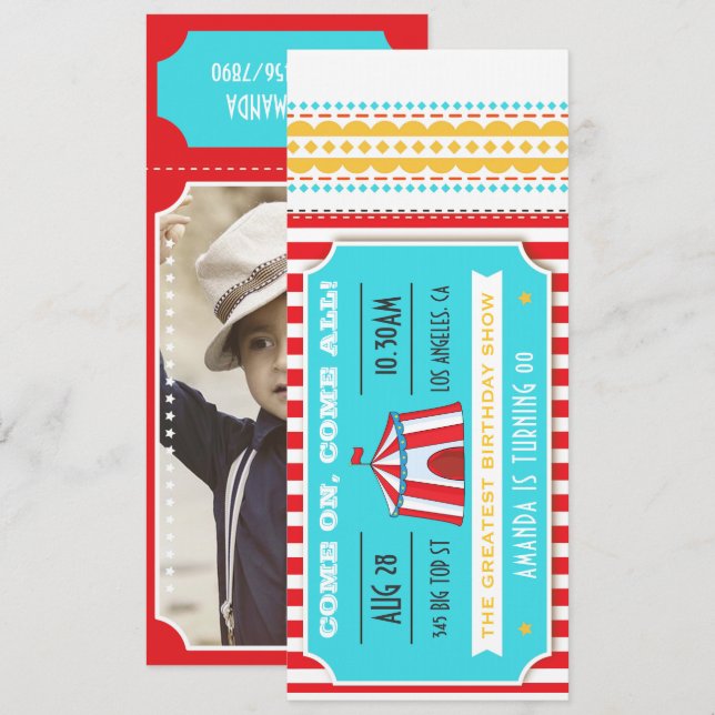 Circus Party Biljett Kids Party lägg till bild Inbjudningar (Fram/baksida)