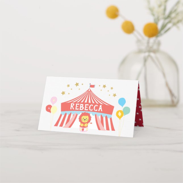 Circus party-etikett, karnival placeringskort (Framsida)