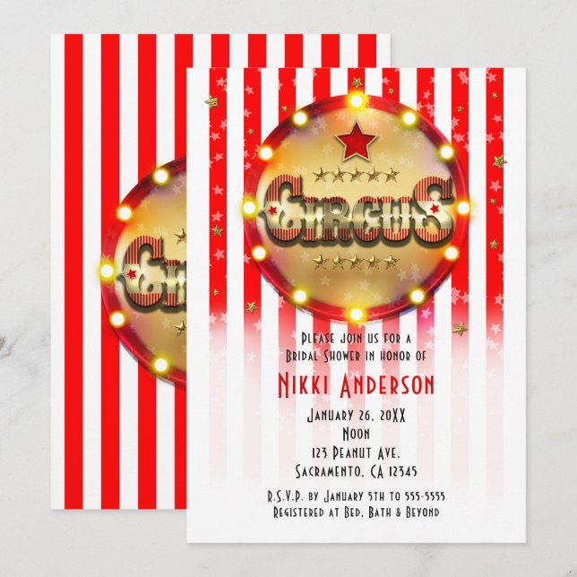 Circus Party Event Red White Guld Stripe Inbjudningar (Fram/baksida)
