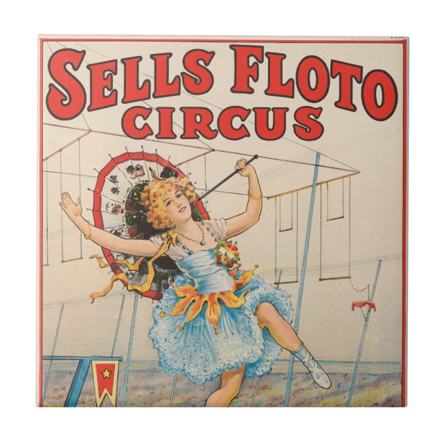 Circus Poster av rät-Rope Walker med parasol Kakelplatta (Framsidan)