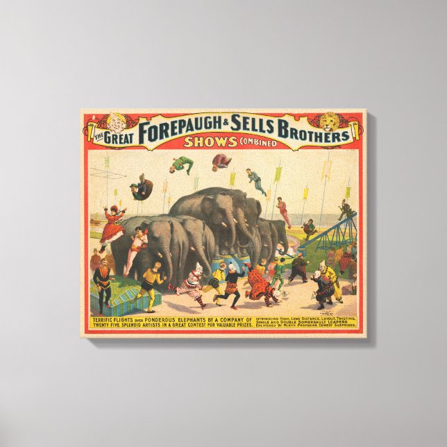 Circus Poster om Acrobat som hoppar över elefanter Canvastryck (Framsida)