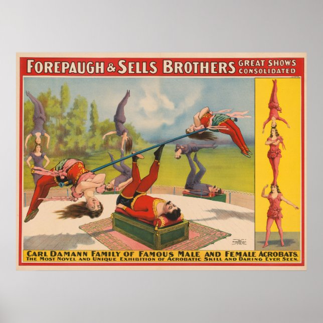 Circus Poster Visa Acrobatiska akter, Circa 1899. (Framsidan)