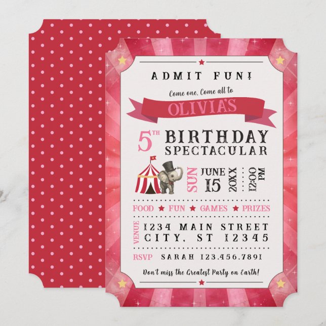 Circus Spectacular Birthday Invitation (Pink/Red) Inbjudningar (Fram/baksida)