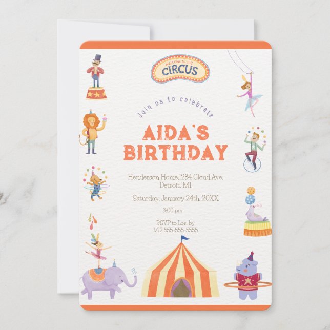 Circus spektakulära födelsedagsinbjudan inbjudningar (Framsida)