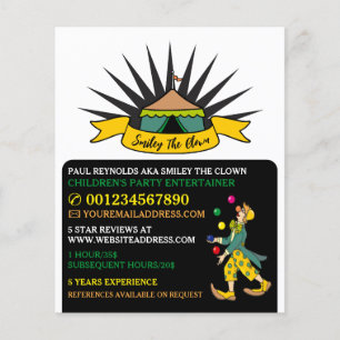 Circus Tält Clown, Kids Entertainer, Clown Advert Flygblad