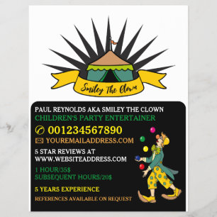 Circus Tält Clown, Kids Entertainer, Clown Advert Reklamblad