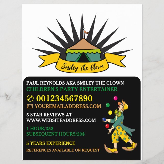 Circus Tält Clown, Kids Entertainer, Clown Advert Reklamblad (Framsidan)