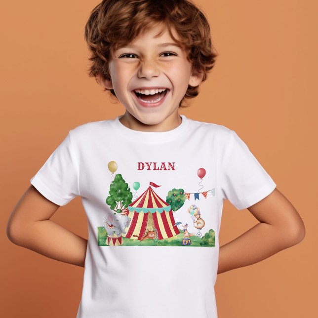 Circus Tält och Carnival Animals Kids Namn T Shirt (Circus Themed T-Shirt personalized with Child's Name)
