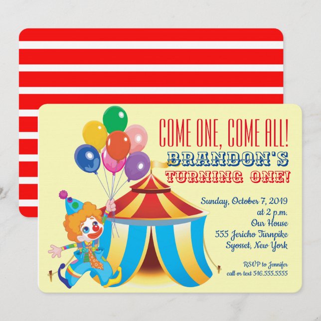 Circus Tält och Clown First Birthday Inbjudningar (Fram/baksida)
