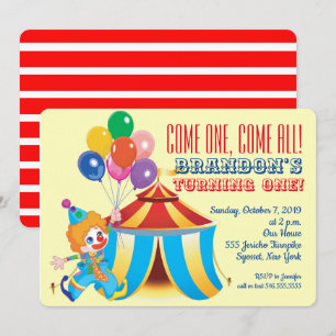 Circus Tält och Clown First Birthday Inbjudningar