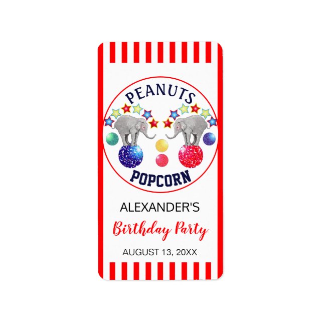 Circus-tema - favoriter för Elephant Födelsedagsfe Adressetikett (Framsidan)