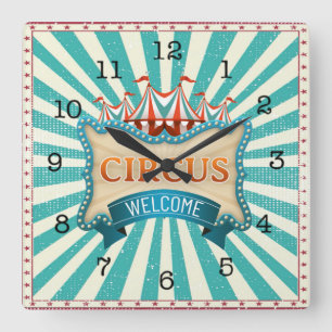 Circus Theme Teal Red Tält Fyrkantig Klocka
