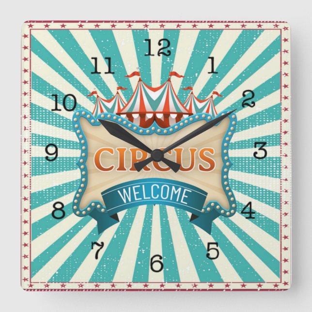 Circus Theme Teal Red Tält  Fyrkantig Klocka (Framsida)
