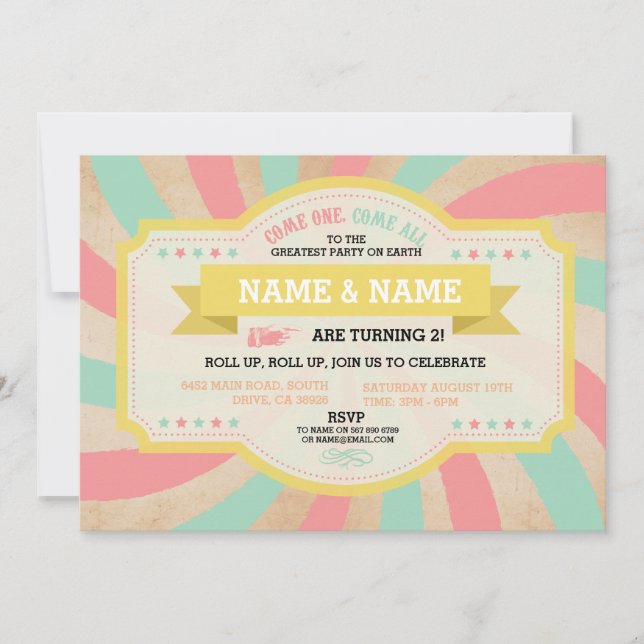 Circus-Twillingar födelsedagsmynning och korallkar Inbjudningar (Framsida)