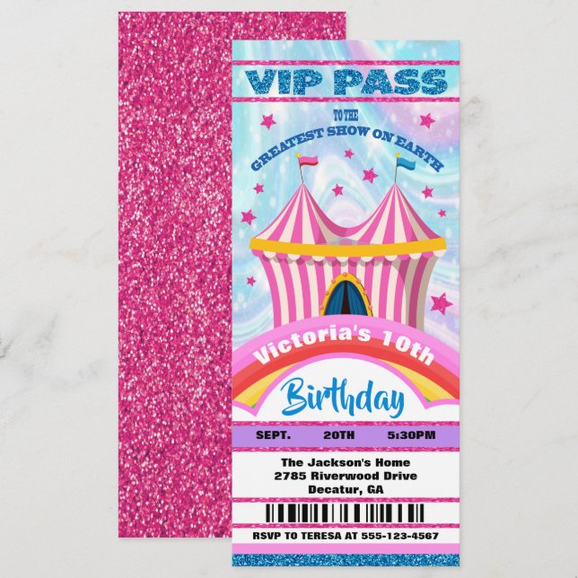 Circus VIP-pass biljett födelsedag - inbjudan (Fram/baksida)