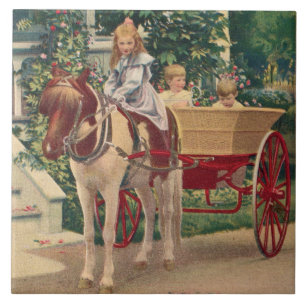 Cirka 1910 barn och hästdragen vagn kakelplatta