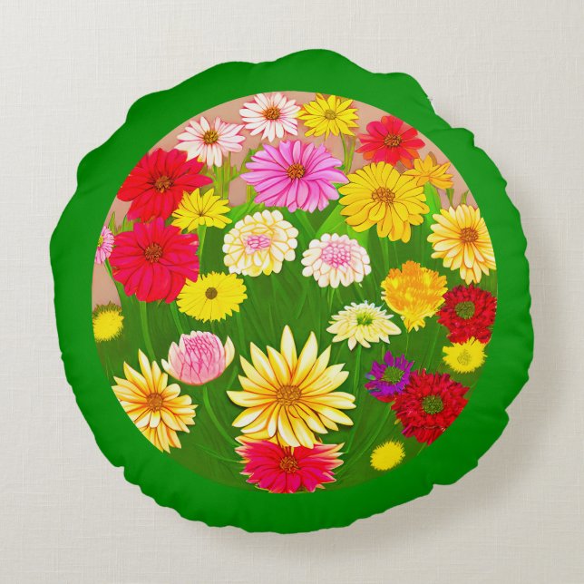 Cirkel av Vild Blommor, Röd och Gult Rund Kudde (Baksidan)
