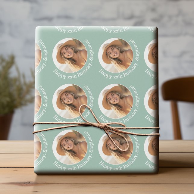 Cirkel ett foto med födelsedag Hälsning - Mint Presentpapper (Custom Birthday Wrapping Paper with Photo)