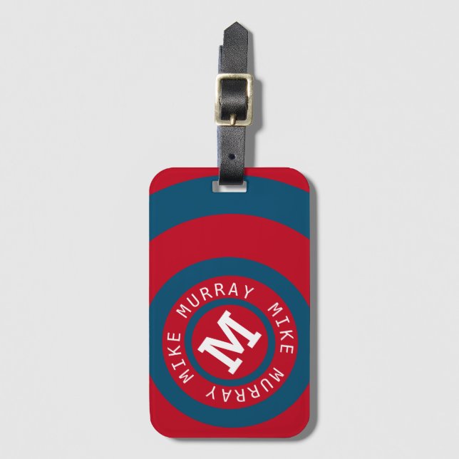 cirkel, monogram, modern röd&blå bagagebricka (Framsida vertikal)